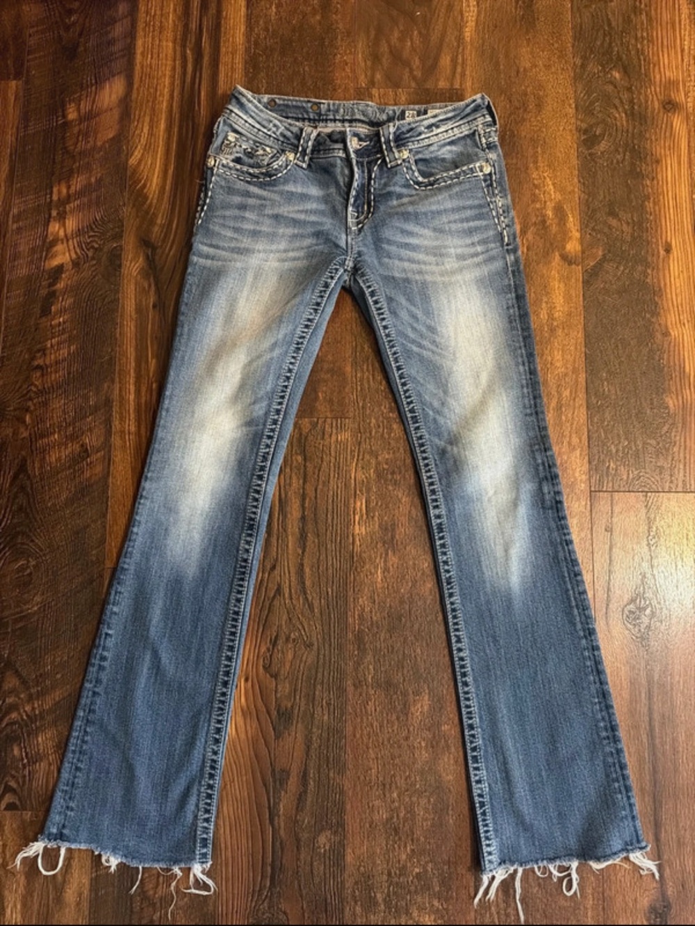 Miss Me Blue Washed Flare Jeans with Frayed Hem